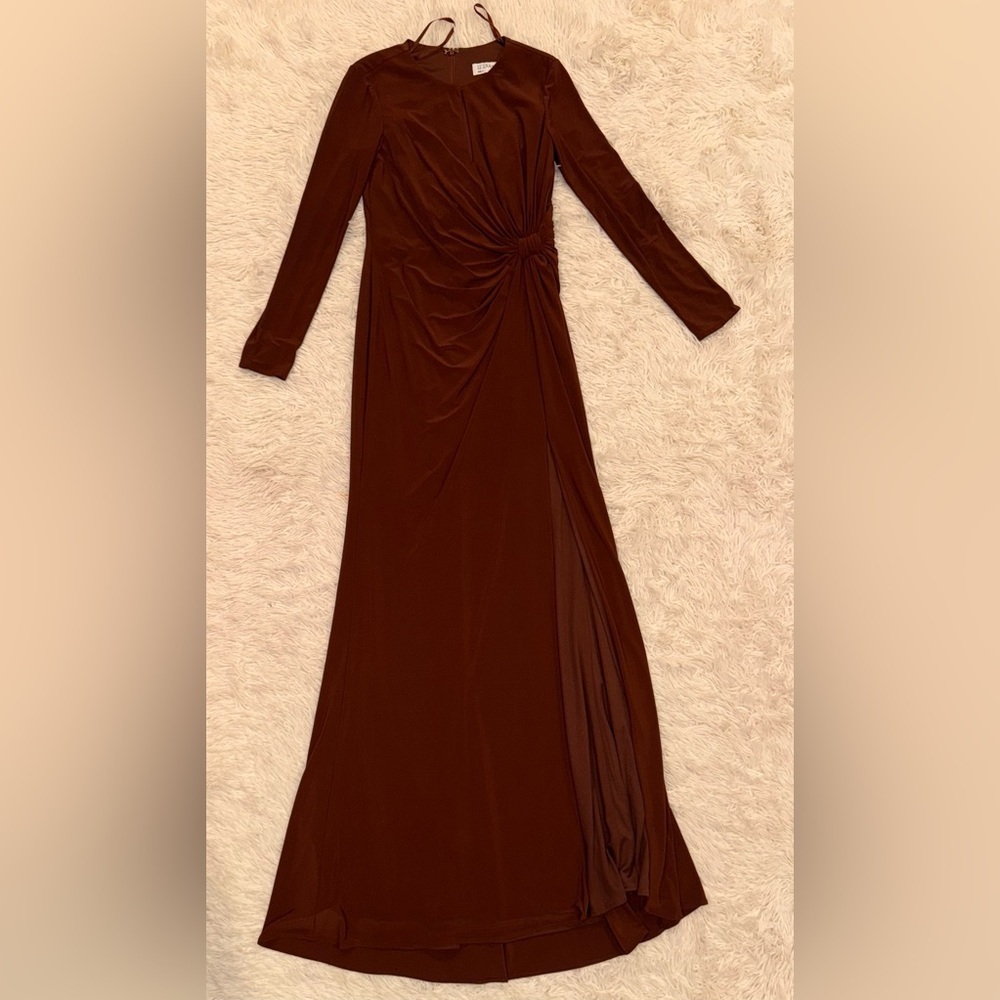 NWOT Mac Duggal Chocolate 55708 Long Sleeve Keyhole Draped  Jersey Maxi Gown 2 - Picture 4 of 8